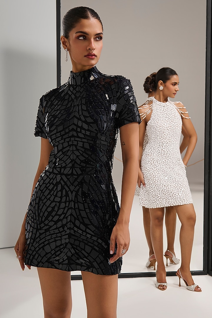 Jet Black Tulle Mirror Embroidered Mini Party Wear Dress by Mala and Kinnary at Pernia's Pop Up Shop