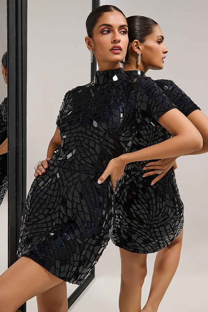 Jet Black Tulle Mirror Embroidered Mini Party Wear Dress by Mala and Kinnary at Pernia's Pop Up Shop