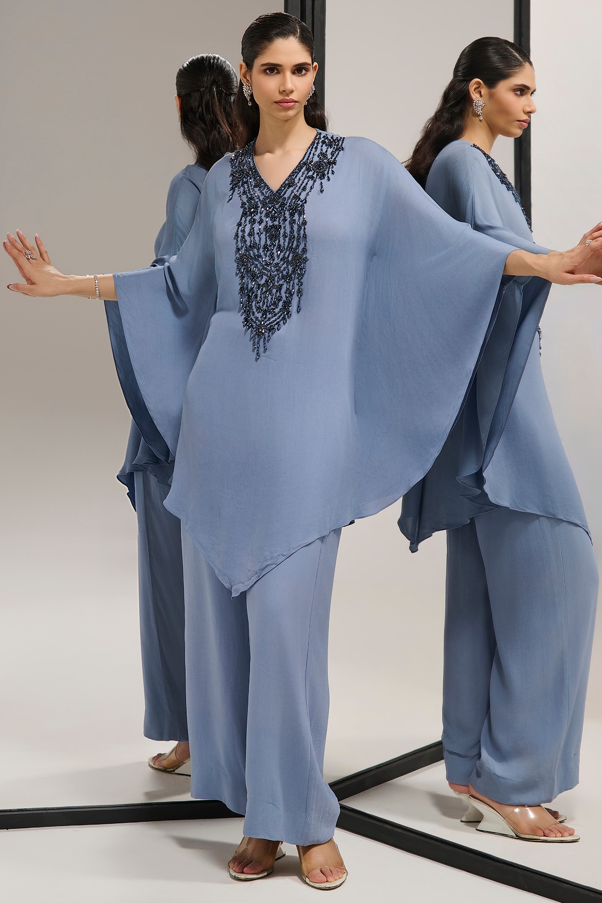 Mala and Kinnary Grey Georgette Hand Embroidered Kaftan Set
