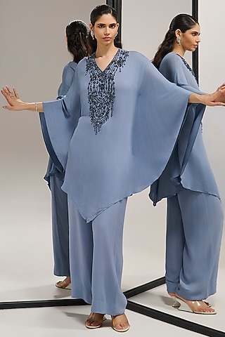 Grey Georgette Hand Embroidered Kaftan Set by Mala and Kinnary