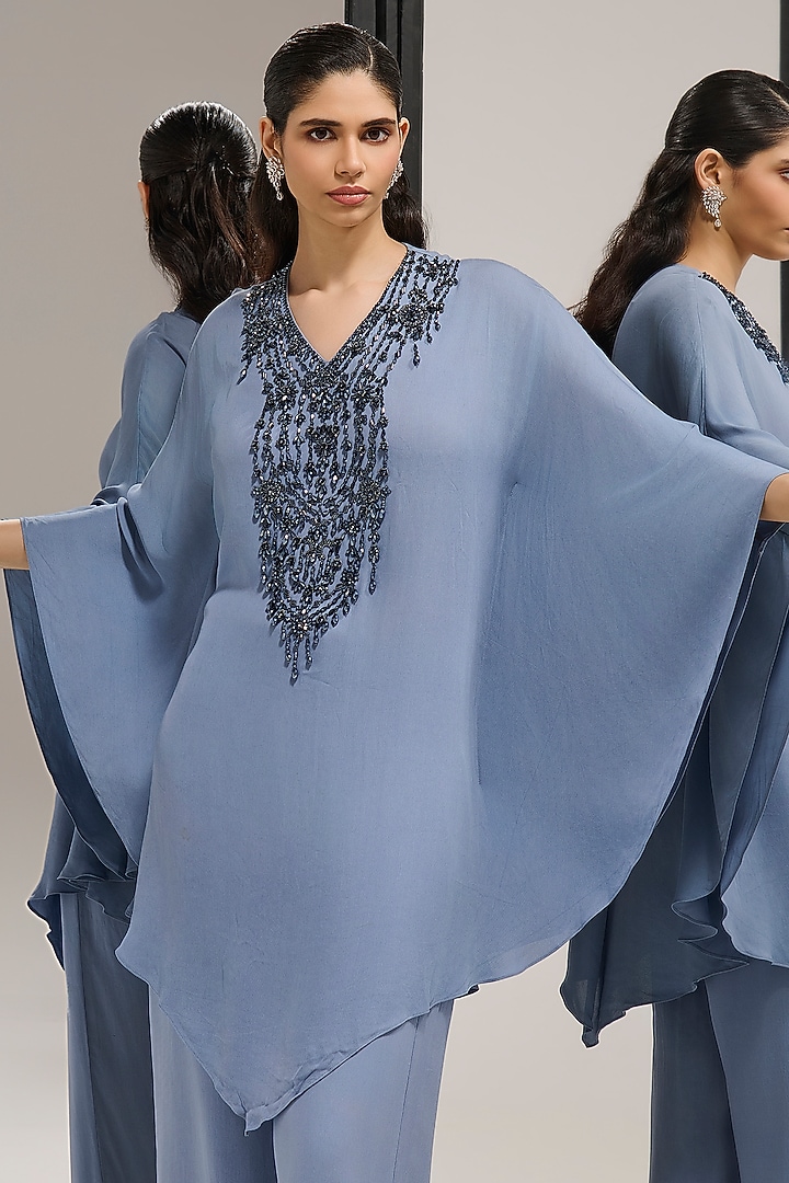 Grey Georgette Hand Embroidered Kaftan Set by Mala and Kinnary at Pernia's Pop Up Shop