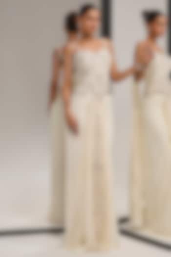 Ivory Foil Georgette Pre-Draped Skirt Set by Mala and Kinnary at Pernia's Pop Up Shop