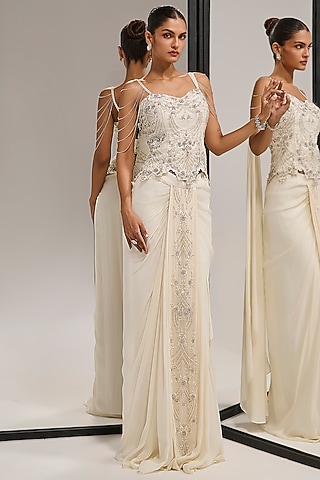 Ivory Foil Georgette Pre-Draped Skirt Set by Mala and Kinnary