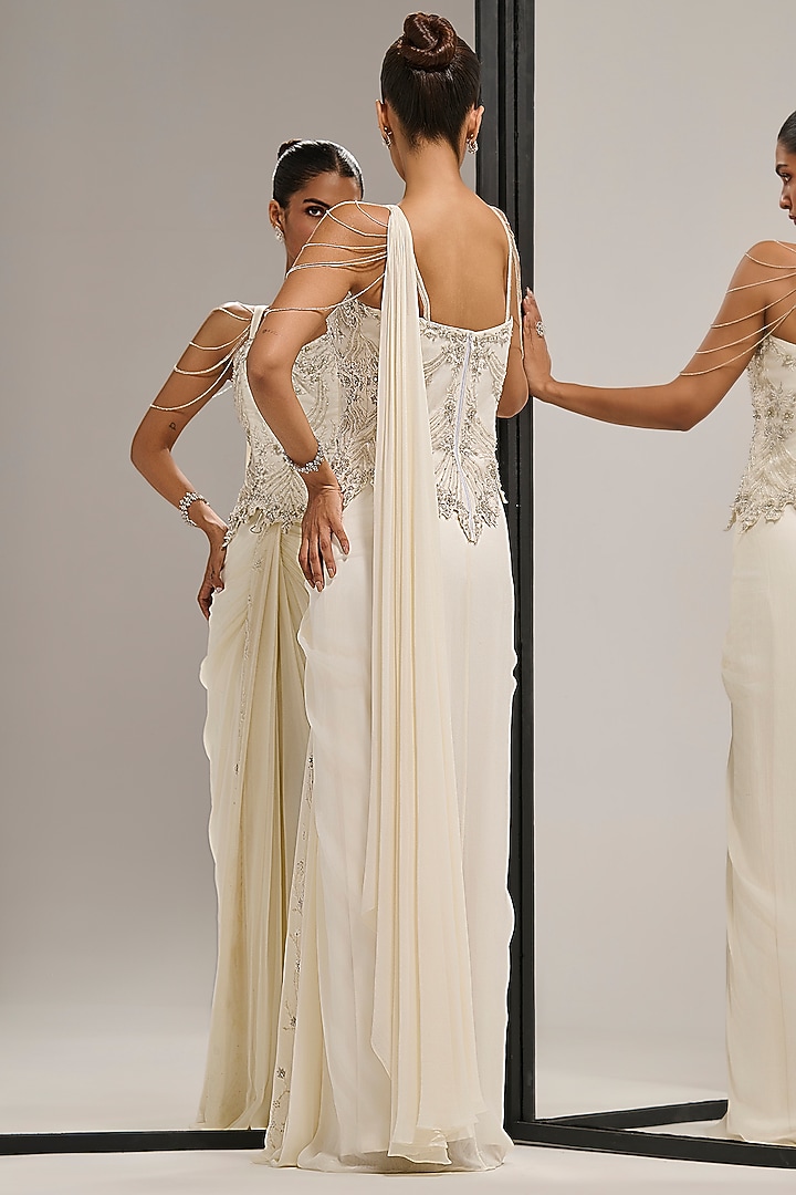 Ivory Foil Georgette Pre-Draped Skirt Set by Mala and Kinnary at Pernia's Pop Up Shop