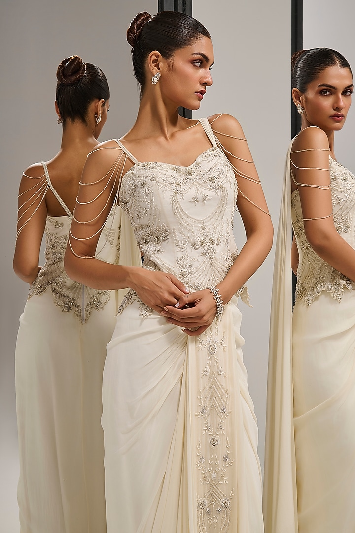Ivory Foil Georgette Pre-Draped Skirt Set by Mala and Kinnary at Pernia's Pop Up Shop
