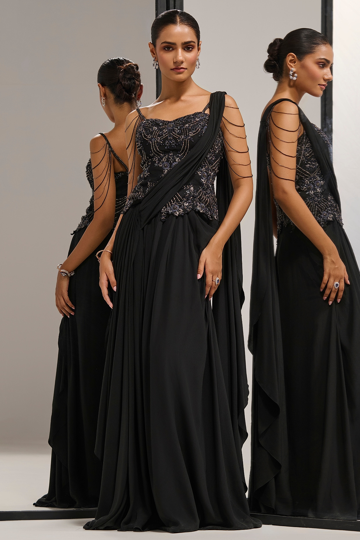 Mala and Kinnary Black Georgette Floral Embroidered Draped Skirt Saree Set