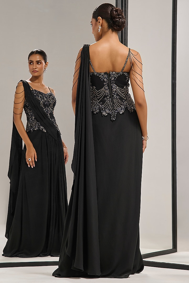 Black Georgette Floral Embroidered Draped Skirt Reception Saree Set by Mala and Kinnary at Pernia's Pop Up Shop