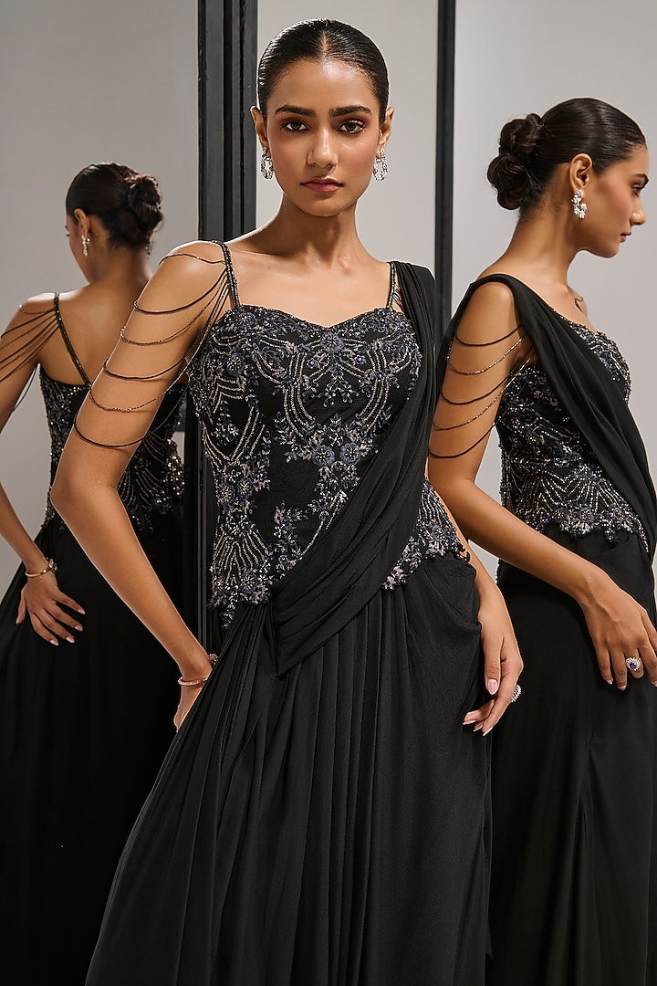 Black Georgette Floral Embroidered Draped Skirt Reception Saree Set by Mala and Kinnary at Pernia's Pop Up Shop