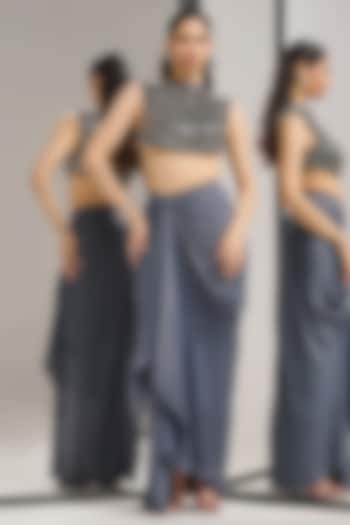 Steel Blue Dull Crepe Structured Draped Skirt Set by Mala and Kinnary at Pernia's Pop Up Shop