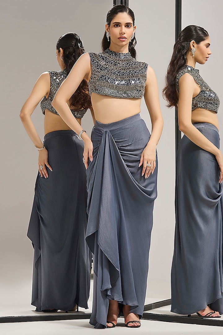 Steel Blue Dull Crepe Structured Draped Skirt Set by Mala and Kinnary at Pernia's Pop Up Shop