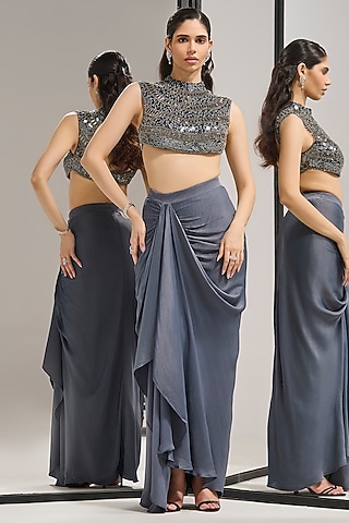 Steel Blue Dull Crepe Structured Draped Skirt Set by Mala and Kinnary