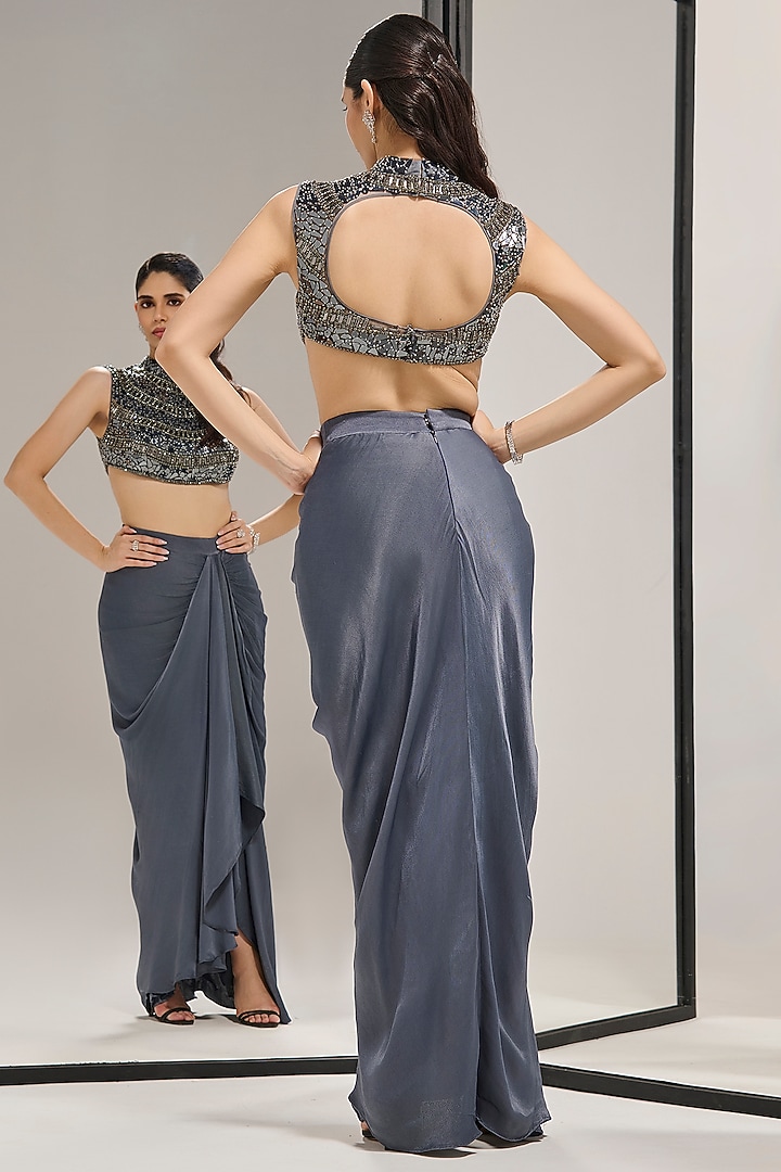 Steel Blue Dull Crepe Structured Draped Skirt Set by Mala and Kinnary at Pernia's Pop Up Shop