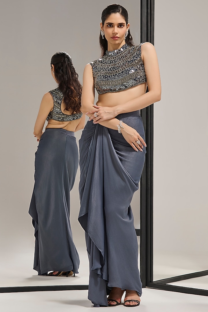 Steel Blue Dull Crepe Structured Draped Skirt Set by Mala and Kinnary at Pernia's Pop Up Shop
