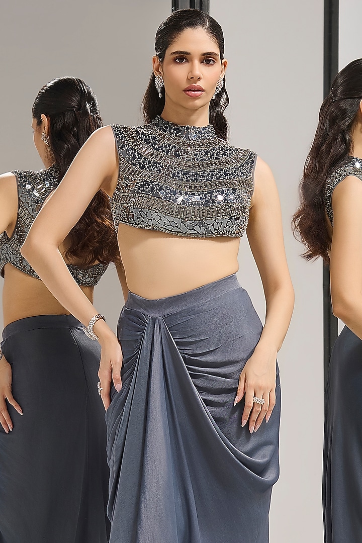 Steel Blue Dull Crepe Structured Draped Skirt Set by Mala and Kinnary at Pernia's Pop Up Shop