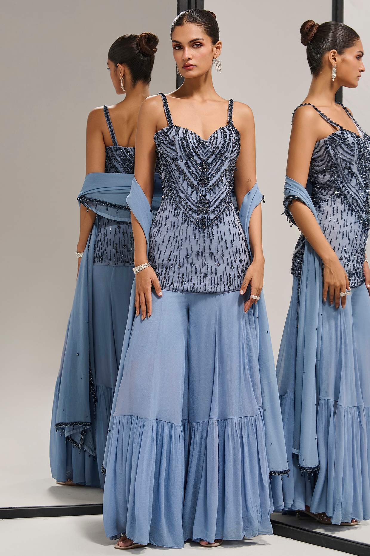 Mala and Kinnary Serene Grey Georgette Sharara Set