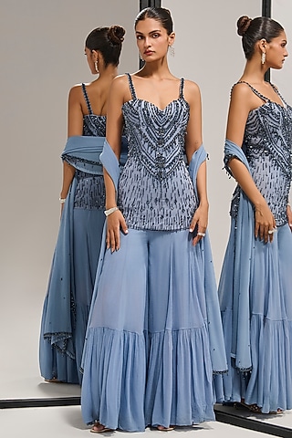 Serene Grey Georgette Sharara Set by Mala and Kinnary