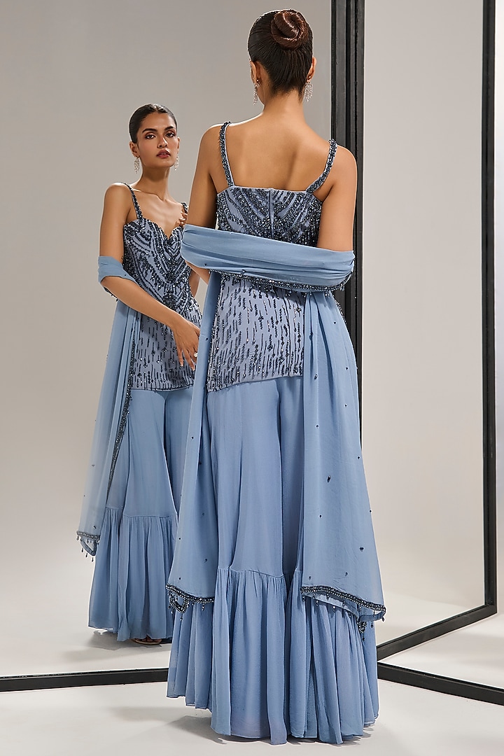 Serene Grey Georgette Bridal Sharara Set by Mala and Kinnary at Pernia's Pop Up Shop