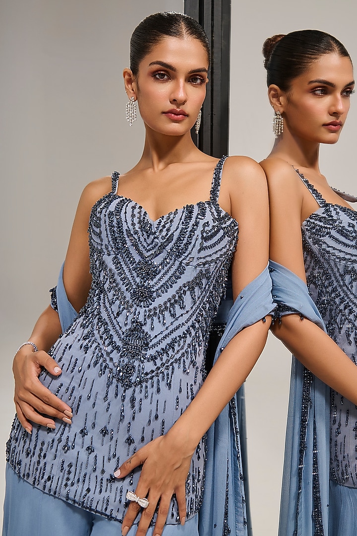 Serene Grey Georgette Bridal Sharara Set by Mala and Kinnary at Pernia's Pop Up Shop