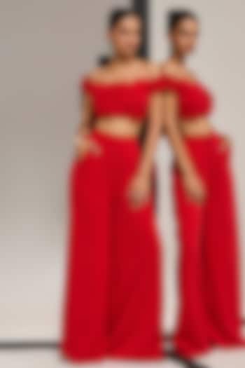 Red Mercerised Wide-Leg Pant Set by Mala and Kinnary at Pernia's Pop Up Shop