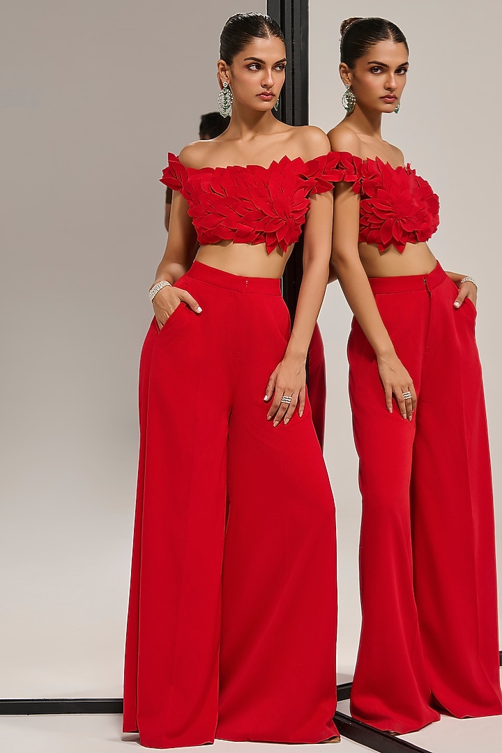 Red Mercerised Wide-Leg Pant Set by Mala and Kinnary at Pernia's Pop Up Shop