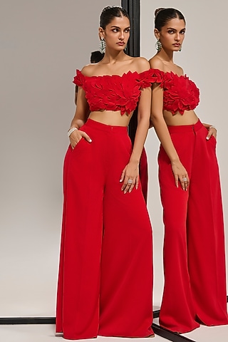 Red Mercerised Wide-Leg Pant Set by Mala and Kinnary