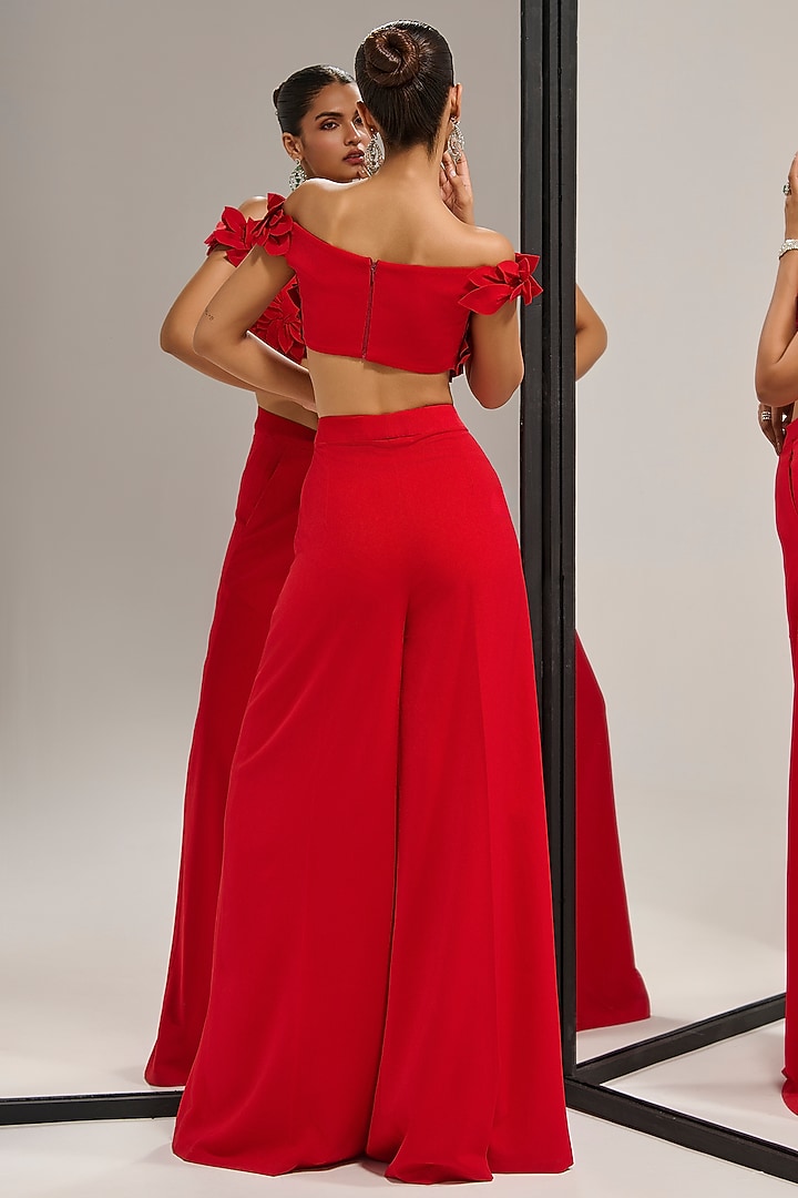 Red Mercerised Wide-Leg Pant Set by Mala and Kinnary at Pernia's Pop Up Shop