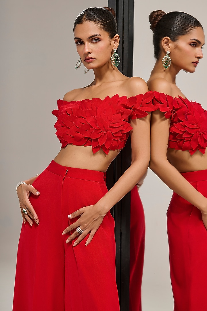 Red Mercerised Wide-Leg Pant Set by Mala and Kinnary at Pernia's Pop Up Shop