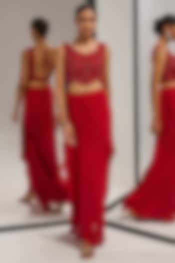Red Georgette Draped Skirt Set by Mala and Kinnary at Pernia's Pop Up Shop