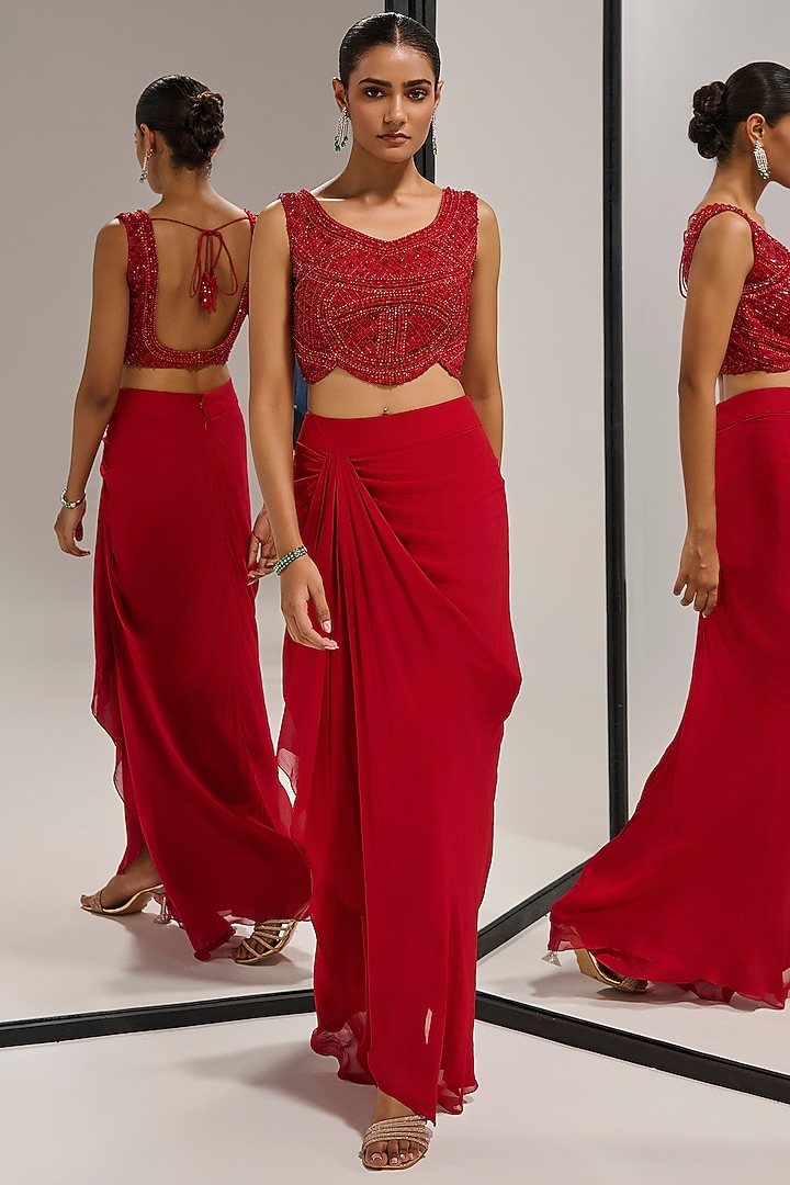 Red Georgette Draped Skirt Set by Mala and Kinnary at Pernia's Pop Up Shop
