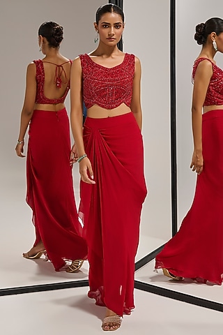 Red Georgette Draped Skirt Set by Mala and Kinnary