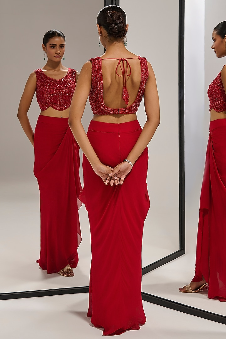 Red Georgette Draped Skirt Set by Mala and Kinnary at Pernia's Pop Up Shop