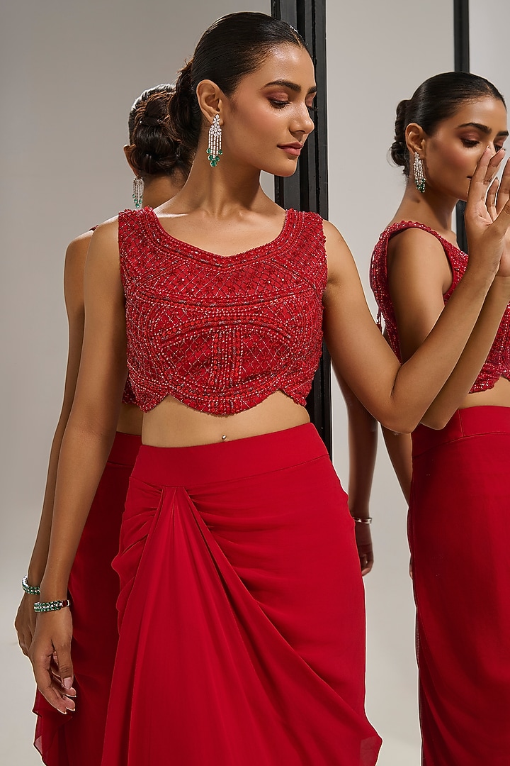 Red Georgette Draped Skirt Set by Mala and Kinnary at Pernia's Pop Up Shop