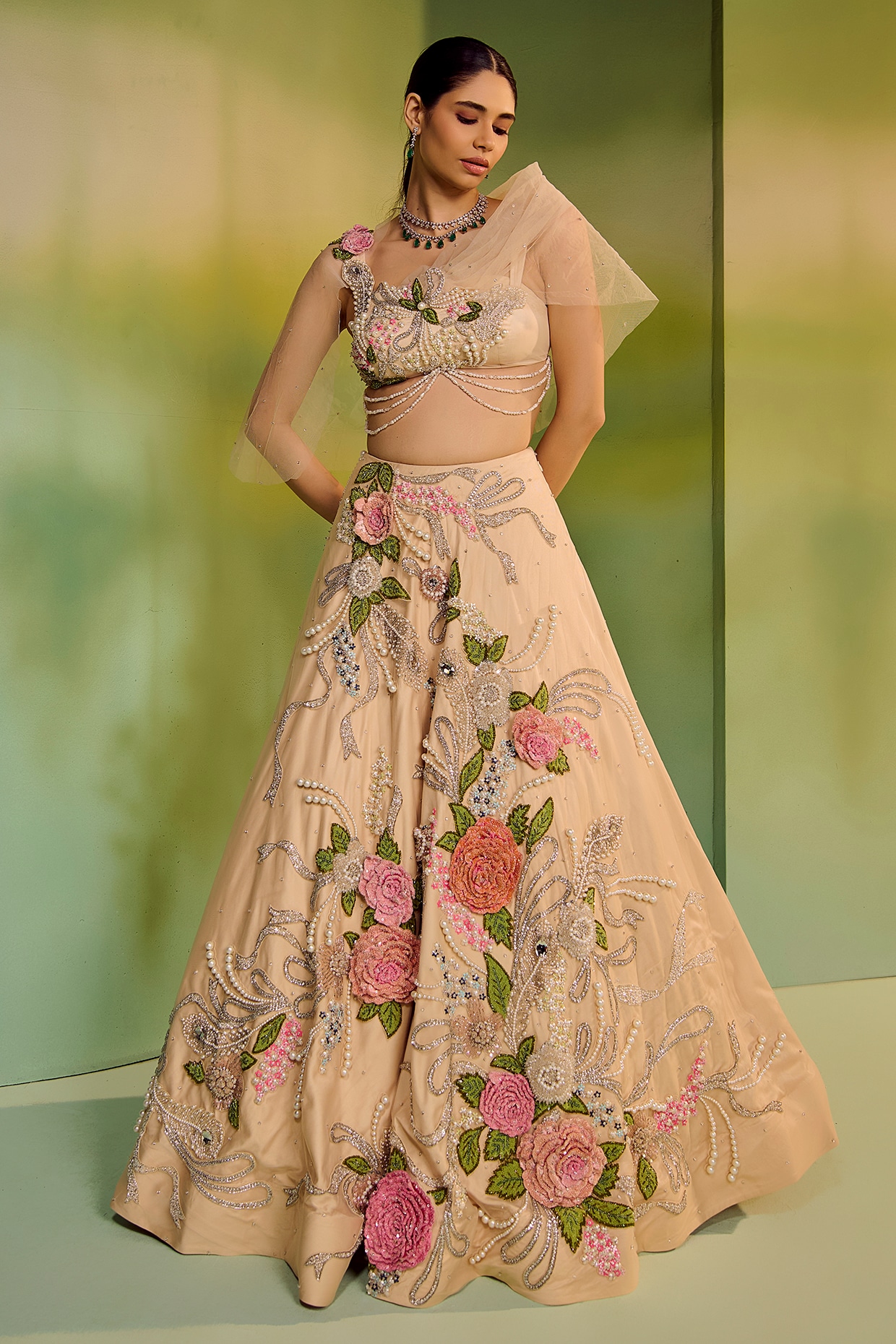 Mala and Kinnary Champagne Tulle Floral Embroidered Bridal Lehenga Set