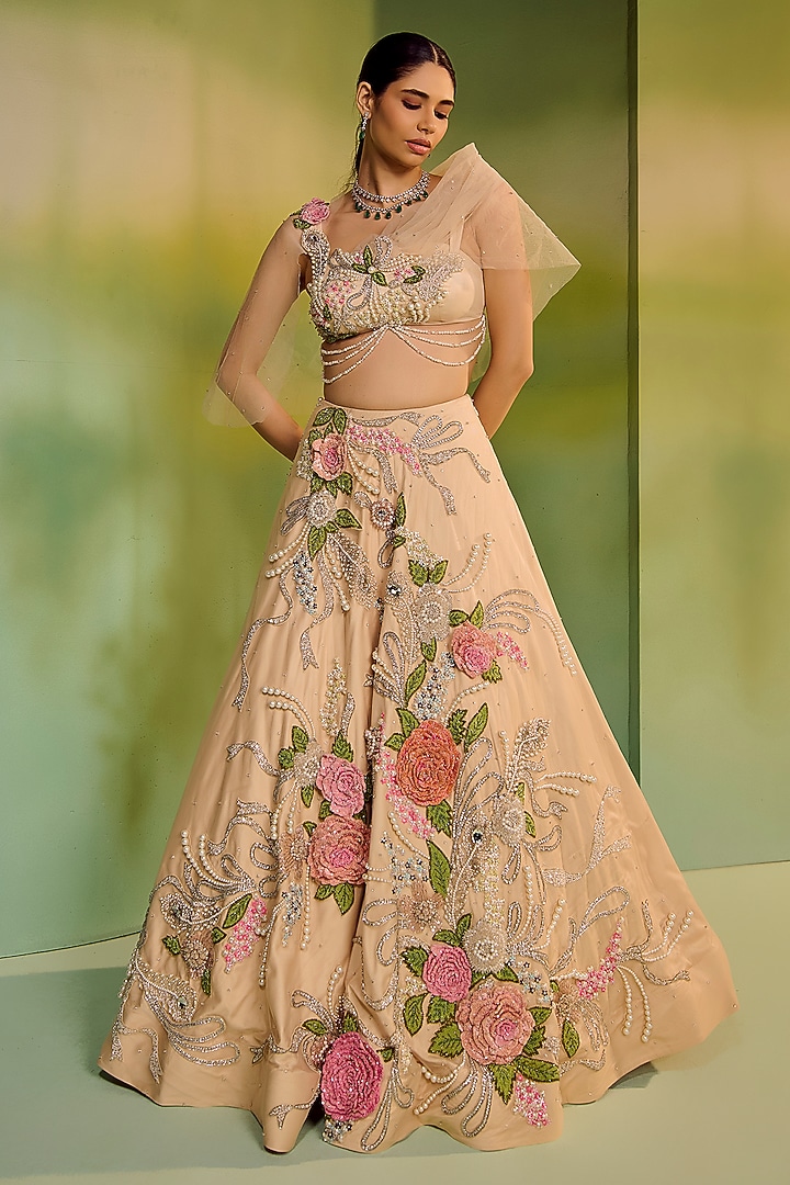 Champagne Tulle Floral Embroidered Bridal Bridal Lehenga Set by Mala and Kinnary at Pernia's Pop Up Shop