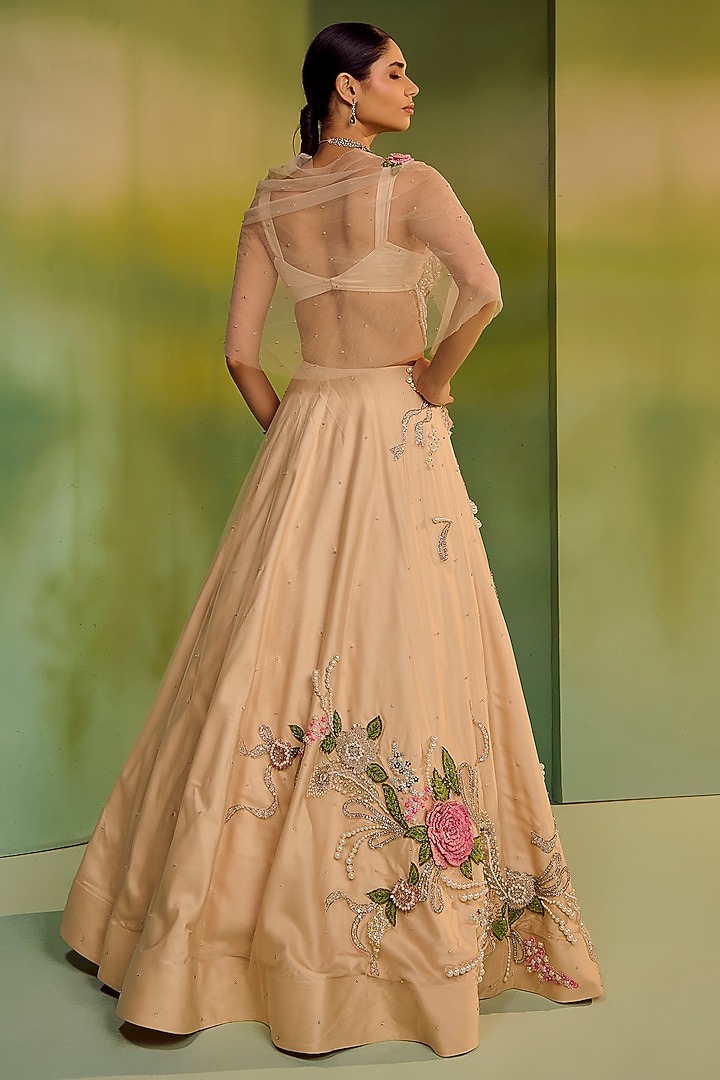 Champagne Tulle Floral Embroidered Bridal Bridal Lehenga Set by Mala and Kinnary at Pernia's Pop Up Shop