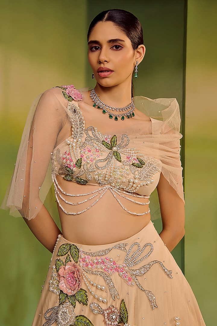 Champagne Tulle Floral Embroidered Bridal Bridal Lehenga Set by Mala and Kinnary at Pernia's Pop Up Shop