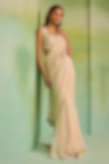 Champagne Tulle Crystal Embellished Bridal Saree Set by Mala and Kinnary at Pernia's Pop Up Shop