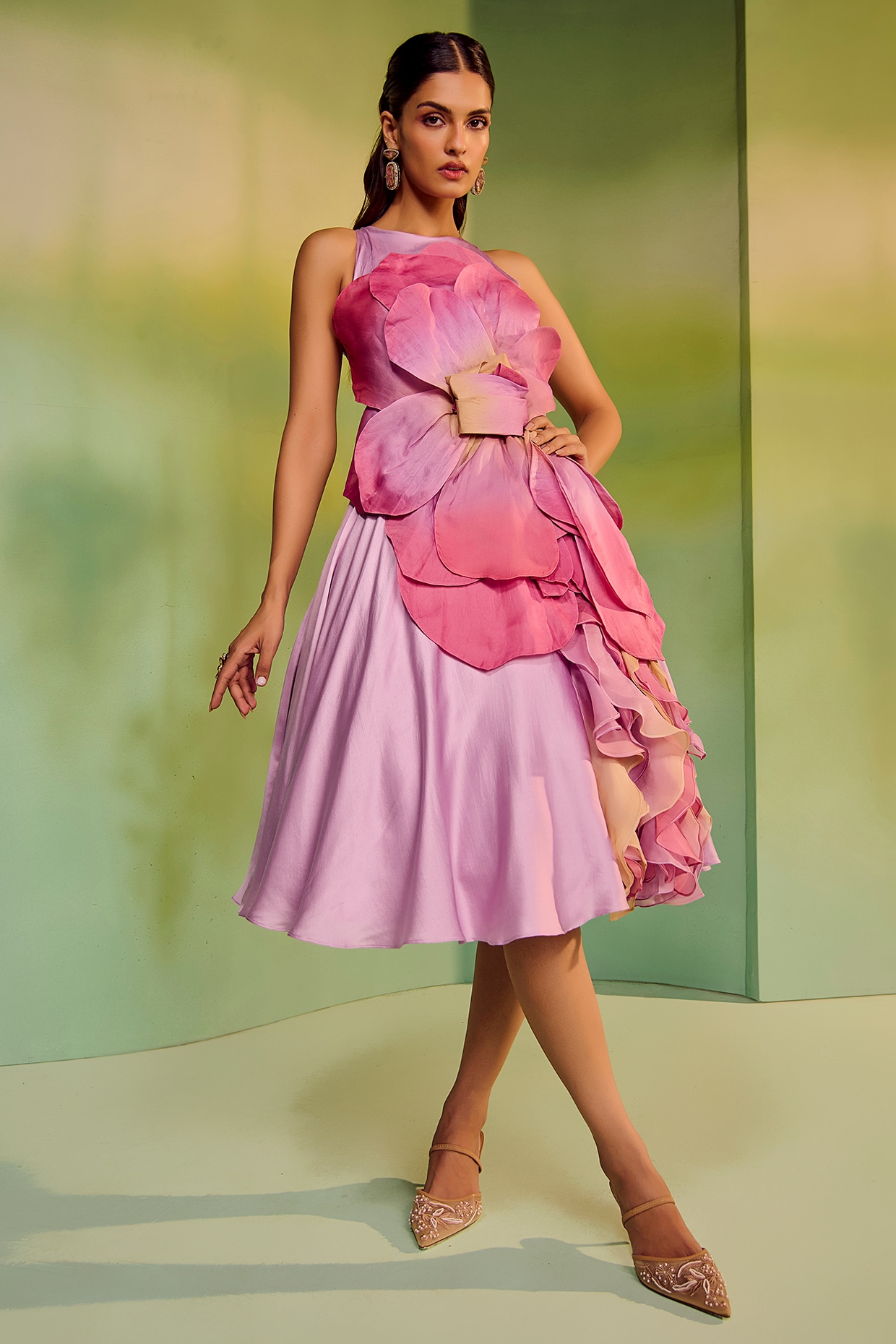 Mala and Kinnary Lavender Ombre Satin 3D Floral Applique Embroidered Dress