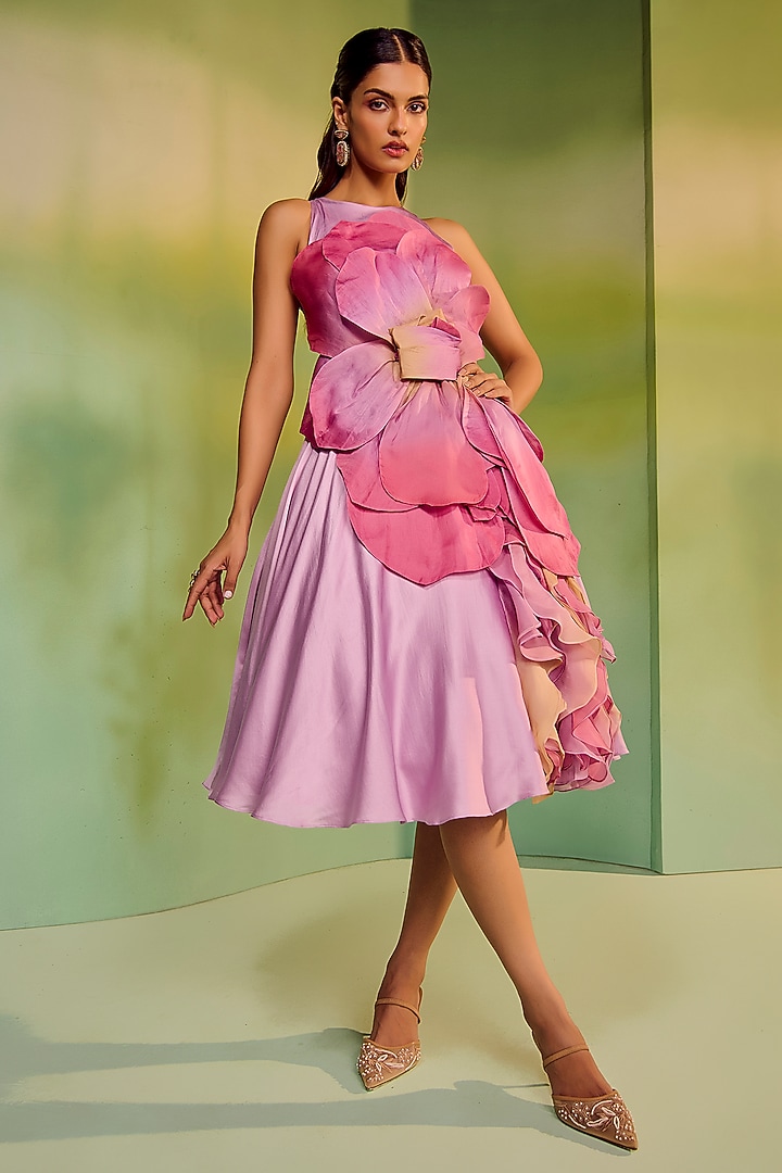 Lavender Ombre Satin 3D Floral Applique Embroidered Party Wear Dress by Mala and Kinnary at Pernia's Pop Up Shop