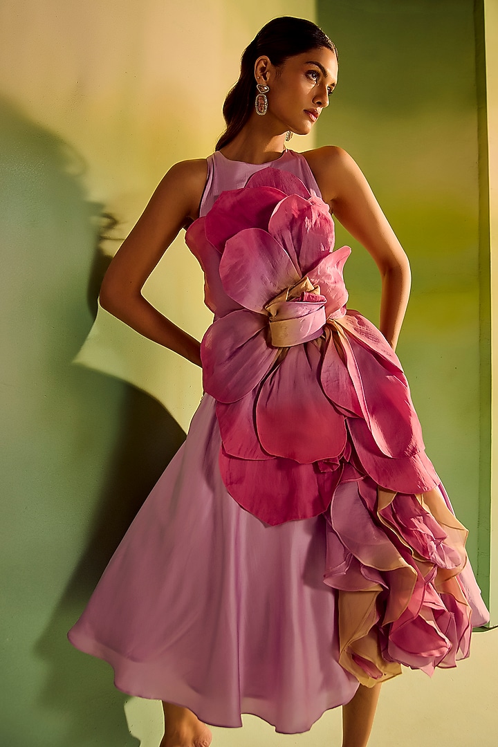 Lavender Ombre Satin 3D Floral Applique Embroidered Party Wear Dress by Mala and Kinnary at Pernia's Pop Up Shop