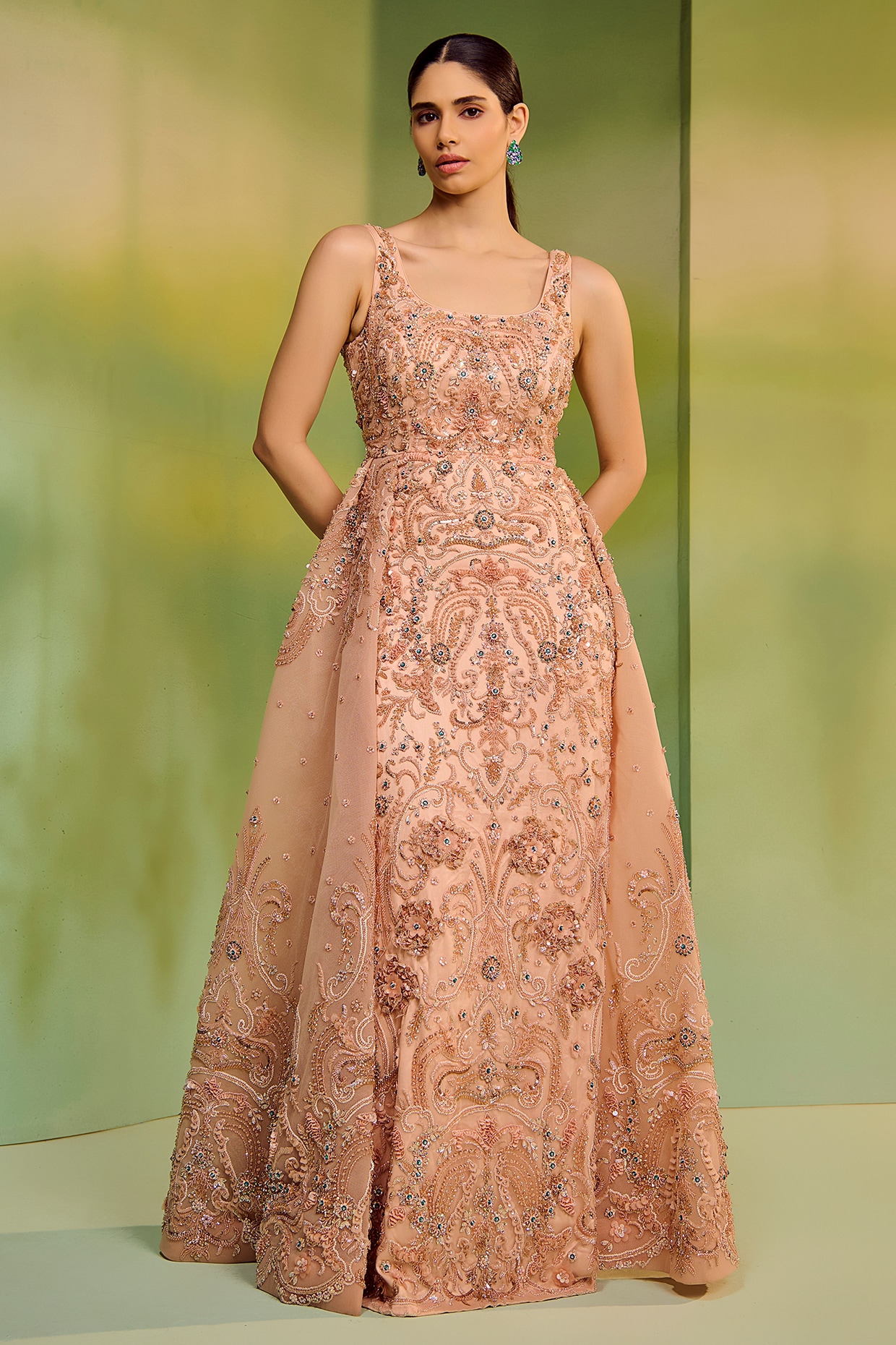 Mala and Kinnary Peach Tulle Embroidered Flared Gown