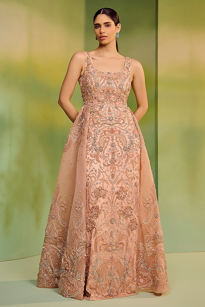 Peach Tulle Embroidered Flared Bridal Gown by Mala and Kinnary at Pernia's Pop Up Shop