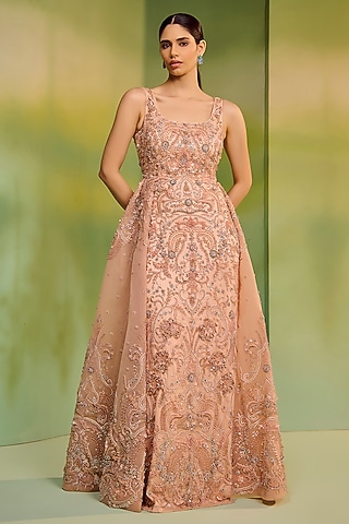 Peach Tulle Embroidered Flared Gown by Mala and Kinnary