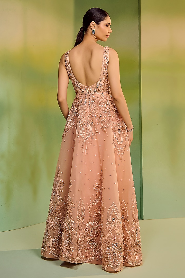 Peach Tulle Embroidered Flared Bridal Gown by Mala and Kinnary at Pernia's Pop Up Shop