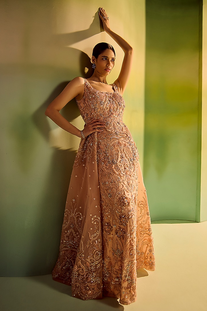 Peach Tulle Embroidered Flared Bridal Gown by Mala and Kinnary at Pernia's Pop Up Shop