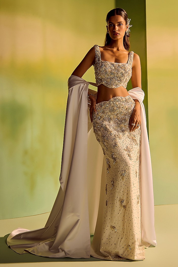 Ivory Georgette Skirt Set by Mala and Kinnary at Pernia's Pop Up Shop