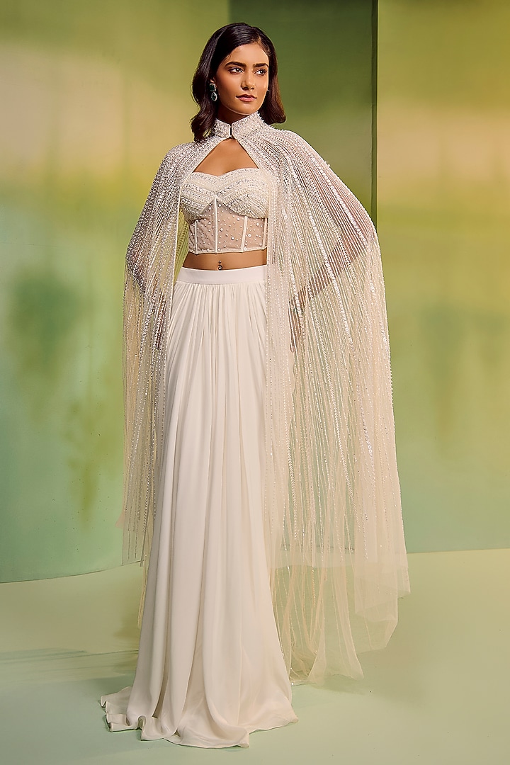 White Crepe Skirt Set by Mala and Kinnary at Pernia's Pop Up Shop