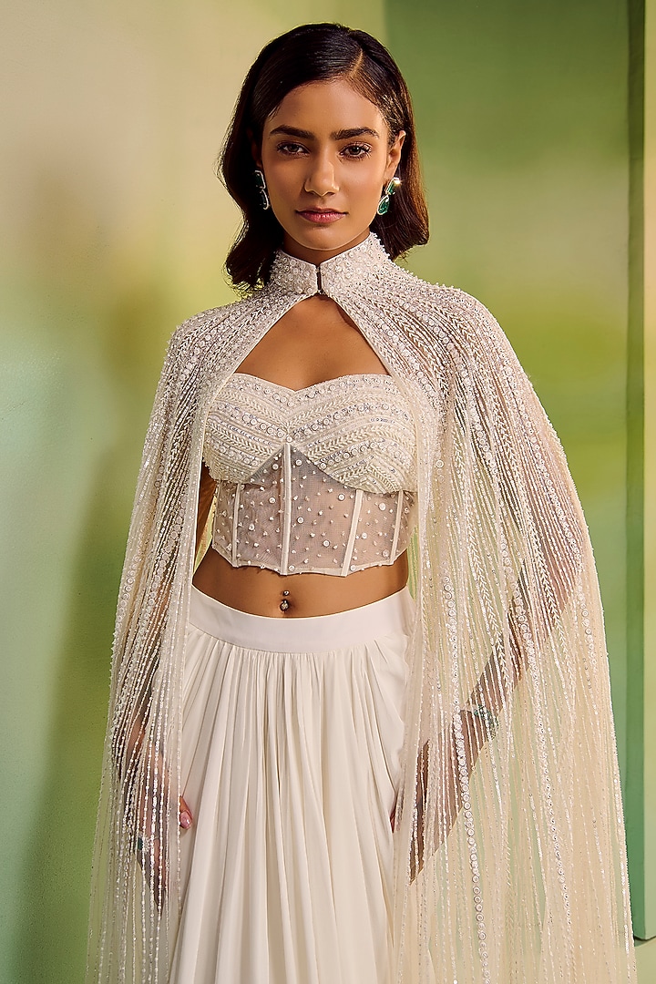 White Crepe Skirt Set by Mala and Kinnary at Pernia's Pop Up Shop