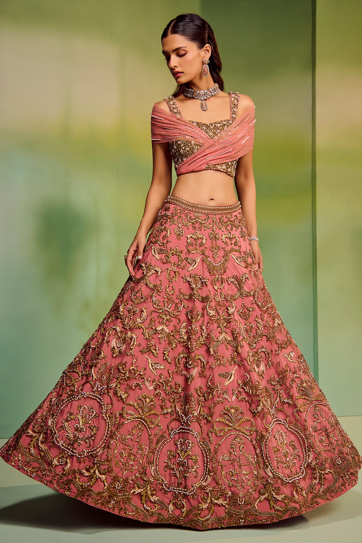 Mala and Kinnary Dark Peach Tulle Embroidered Bridal Lehenga Set