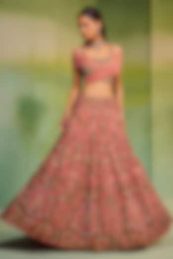 Dark Peach Tulle Embroidered Bridal Bridal Lehenga Set by Mala and Kinnary at Pernia's Pop Up Shop